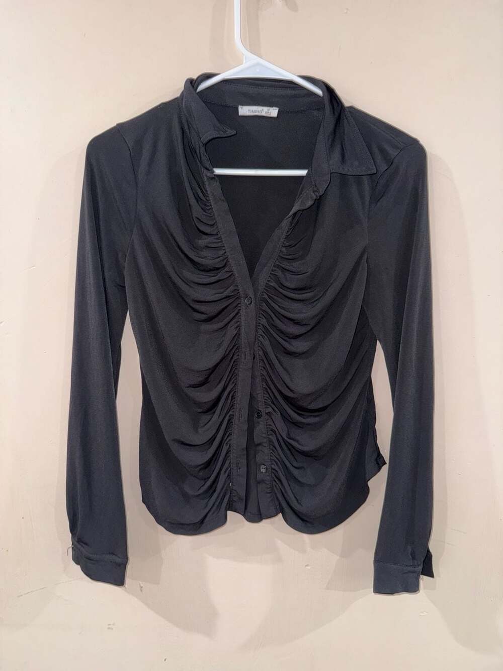TIMING Ruched Blouse Size M Black Long Sleeve Button Up